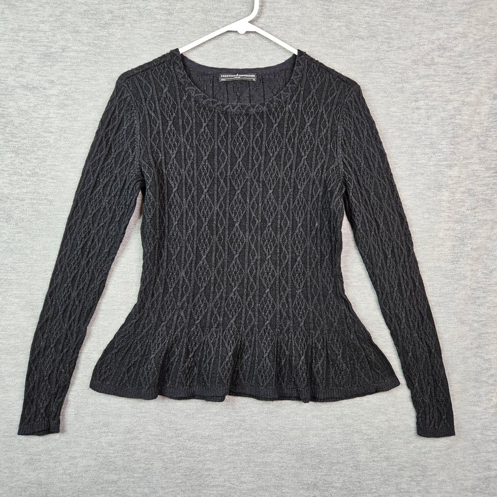 Peruvian Connection Pima Cotton Alpaca Silk Cable Knit Peplum Top Black Medium